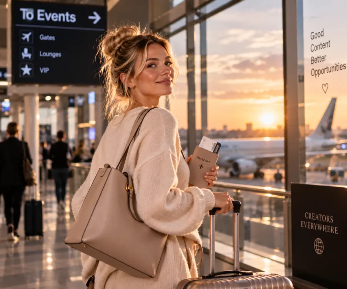 Creatorin am Flughafen mit Koffer und Reisepass, dahinter ein Flugzeug im Abendlicht und das Schild „To Events“